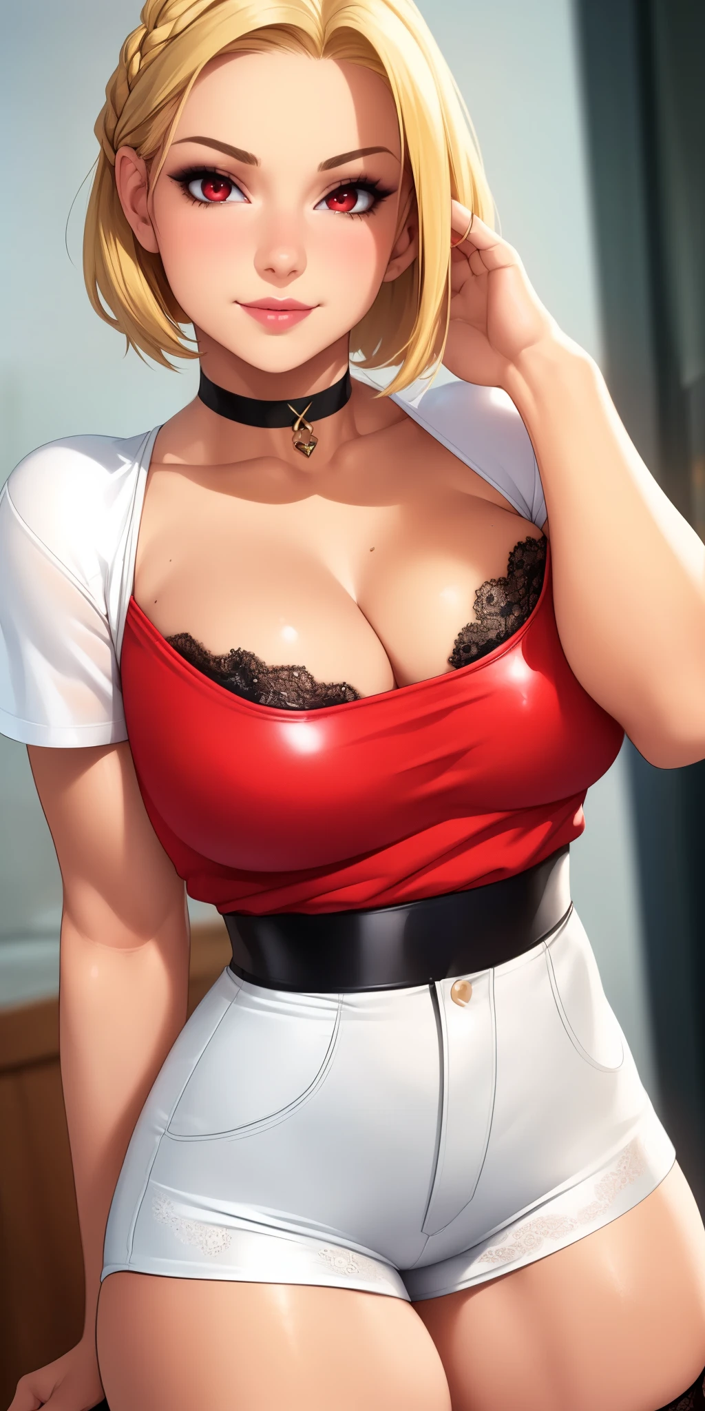 (best quality, ultra-detailed, photorealistic: 1.39), bright and vibrant colors, studio lighting, romantic expression, love smile, red eyes, Beautiful blonder hair, long braided hair, muy voluptuosa, , medium breast, shy smile, An effeminate girl, with a delicate and beautiful face. has a thin body, but well designed, your skin is tanned and very pale. her hair is blonder bob sidecut hair, likes to wear makeup, ((Wear a black choker)), outfit emocore, gothic rock style blouse, white latex shorts, lace high socks, band t-shirt, fit, muscular, hair, mercenary, front pose, cleavage