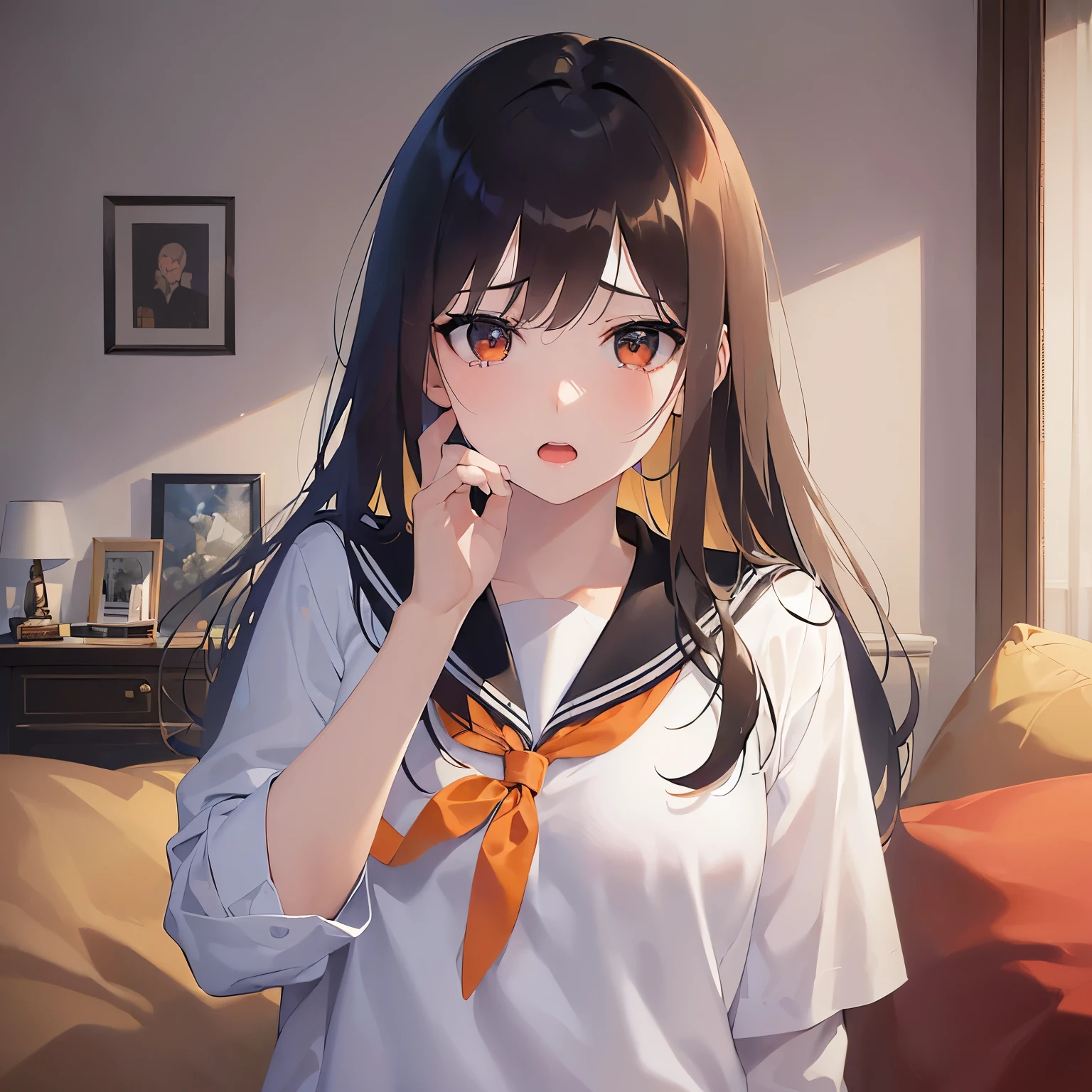 (looking at viewer:1.5)Upper Body, (wiping tears:1.2),
Realistic, real person, (pale skin: 1.2), RAW photo, photorealistic, shiny skin, shiny hair、
(A 25-year-old woman with medium-length hair and bangs) and (wavy hair) and (brown hair) and (orange eyes),
Sailor suit、
open mouth,The background is the living room、(alone:1.5)