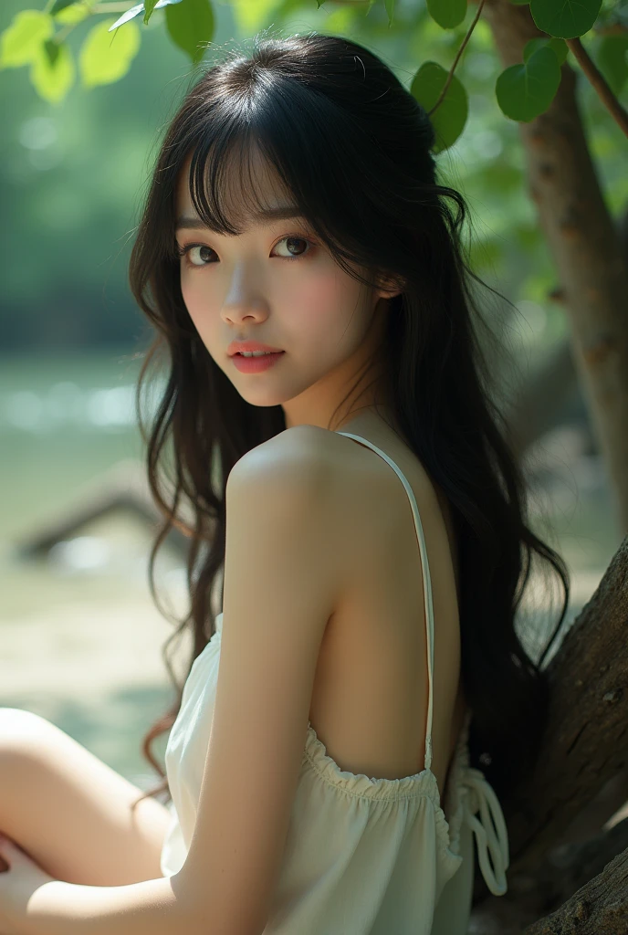 Japanese girl beauty, You are cute, Has beautifully shaped lips and dark skin., Her eyes are a light honey color.., she is very beautiful, perfection , a model. She is known for her classic and elegant beauty.., very lovely woman, Standing tall on the mountain under the tree through her beautiful cleavage.., natural breasts, , Wide breasts, small nipples, A doctor with a thick, black swollen vagina, Very sexy, The image must be high resolution (16k hard drive) Render in stunning 8K resolution,