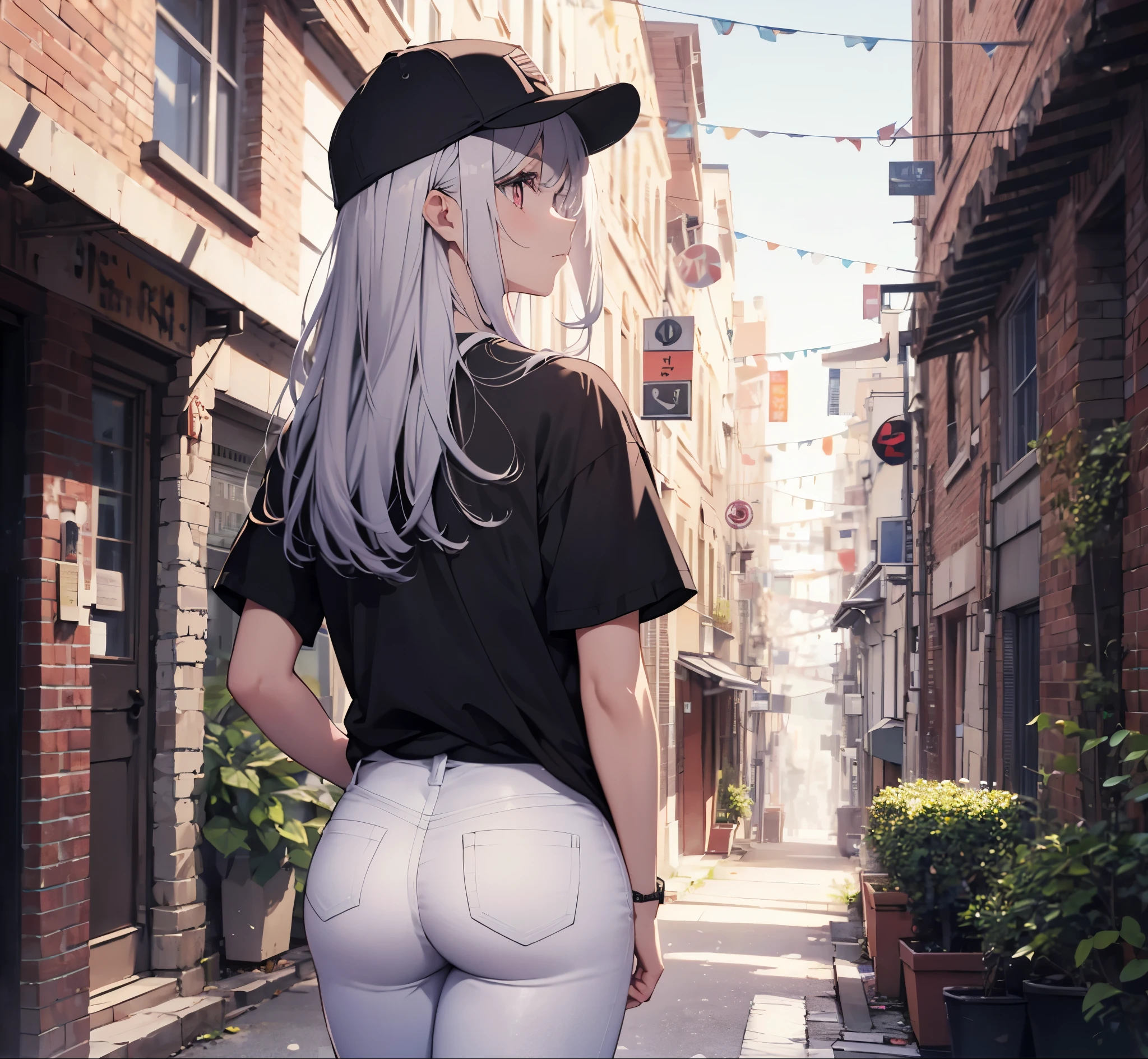 (Close-up:1.3),Realistic,Highest quality, Super detailed, High-quality CG rendering, The most delicate and beautiful, Floating softly, High resolution, (1 person), (Highest quality,4K,8k,masterpiece:1.2), Light purple hair,(Long Hair:1.5),Red eyes,(Black short sleeve T-shirt:1.4),(Pure white skinny jeans:1.4),(Pure white baseball cap:1.3),In the city,old buildings,Narrow Alley,(Turn your back to your audience:1.3),Butt