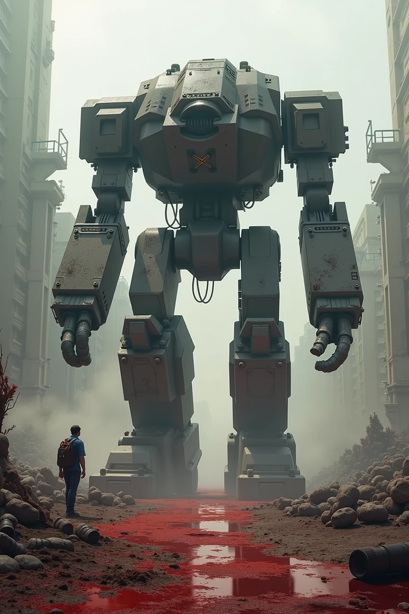 A big robot feet tread blood on the floor