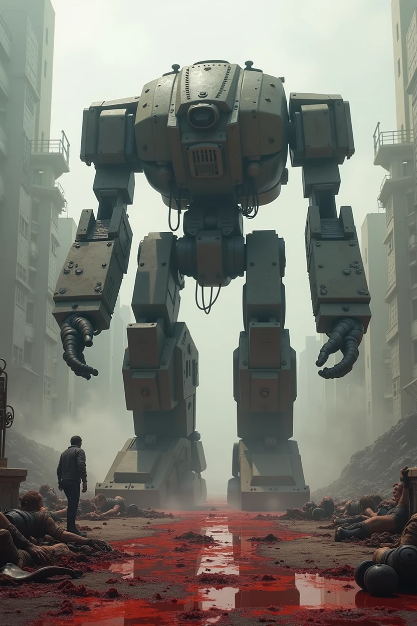 A big robot feet tread blood on the floor