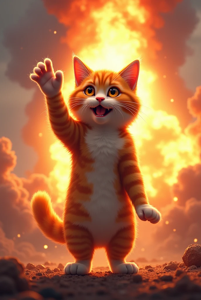 Cat saying hello with an explosion behind