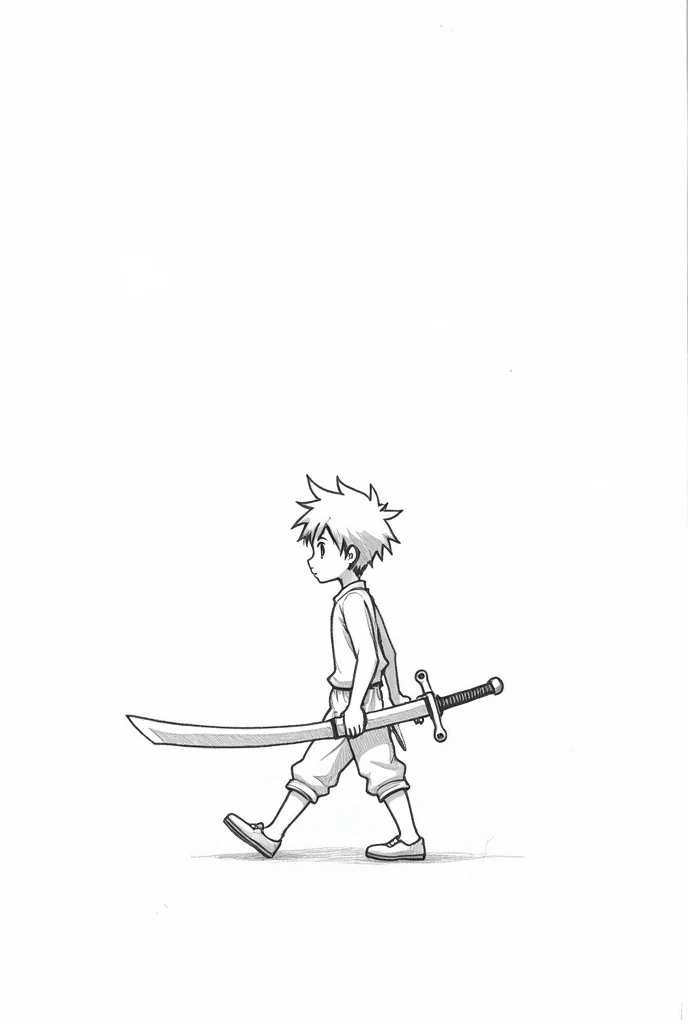 Create a pencil drawing anime style Simple of a boy walking with a sword in its sheath and ready to draw, white background, Little shading and sketch lines