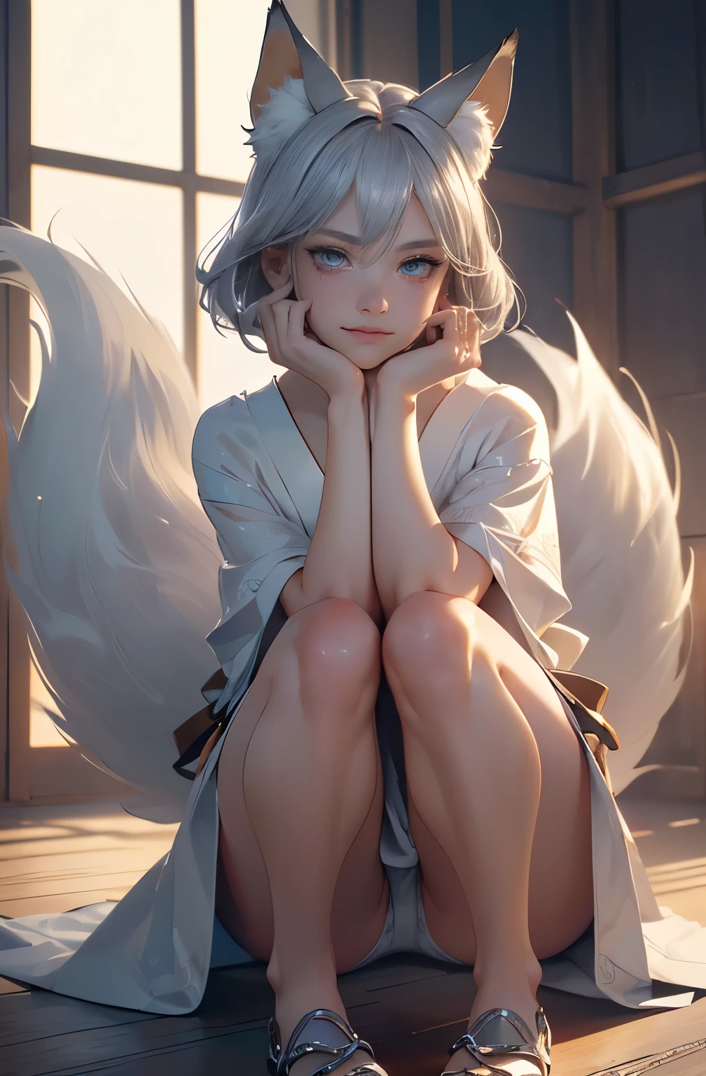 ((Top quality)), ((masterpiece)), (details), High resolution, super detailed, very detailed CG Unity 8k wallpaper, real, photorealistic, Beautiful fine face, detailed face. Pale skin, realistic shining skin. Detailed fabric texture, detailed hair texture. (Eyes with attention to beautiful details: 1.5), (Small hand), ((perfect hand)). Slim legs, detailed legs. ((Perfect Anatomy)). Perfect lighting. Break A fox girl,age:20 (Silver hair:1.3), Bob cut, ((Half smile:1.6)), (fox ears :1.6),(nine fox tail:1.6), (Slender: 1.1), (Big chest: 1.2), (Big butt: 1.2), (muscular: 1.2) (Pluffy thighs: 1.1) (japanese kimono), ((Nine-tailed fox)), Break ((lerning forward:1.3)),(((hands on knees:1.3)),Background field,