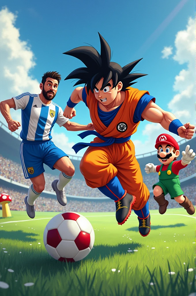 Goku playing soccer with Messi and Mario bros