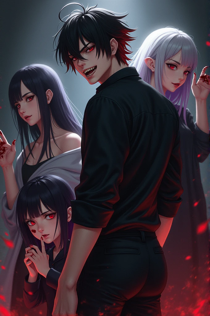 Movie action poses, 1boy, Height one hundred and eighty, Black Red Mix Hair, red eyes, dark background, Black shirt, Black trousers, Canine tooth, Black jacket, Dim lighting, Turning your back to the camera, Glancing from the right side, masterpiece, full body, 1 girl, Height one hundred and sixty four, White black mix hair, Canine tooth, red eyes, Raising one hand stained with blood, 1 girl, Height one hundred and fifty two, Black Purple Mix Hair, red eyes, Canine tooth, A little blood stain on the cheek, 1 Small child, Height ninety one, White purple mix hair, red eyes, Licking bloodstained hands, Canine tooth