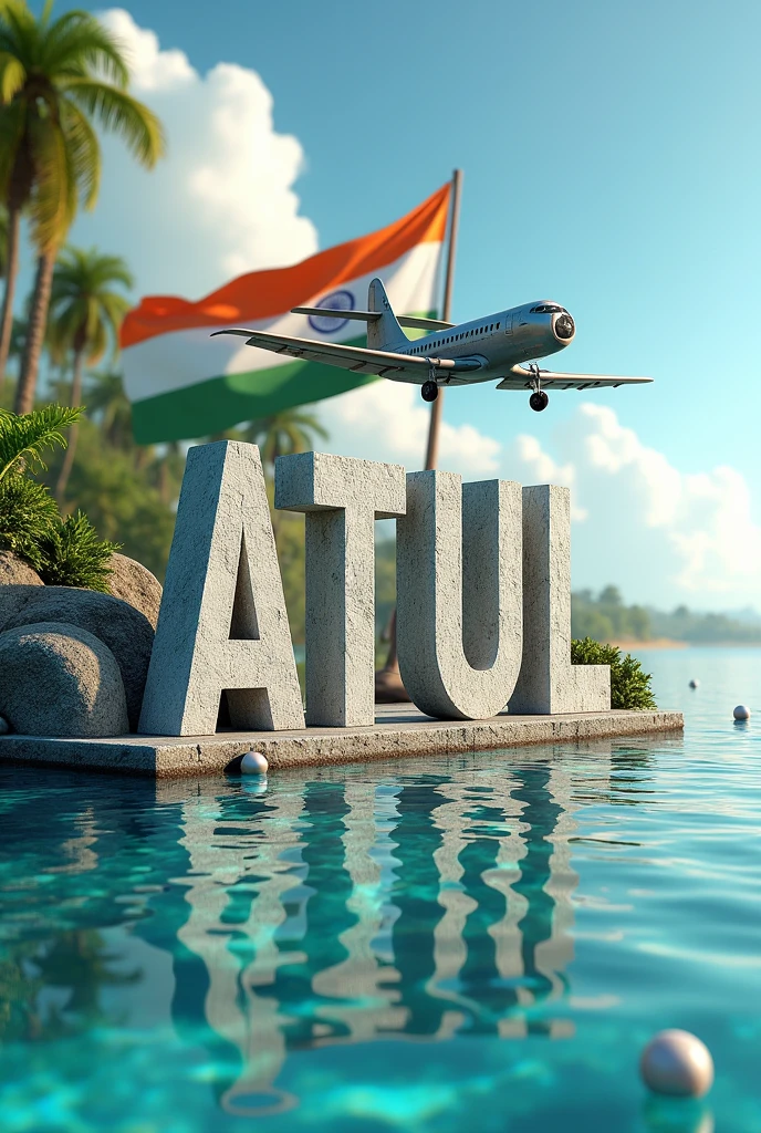 Name “ATUL” real 3D sea Island background with big Indian flag , stone text capital big aroplane, stone peal. stylish in front 3D rendering, typography, 3d render, poster, fashion