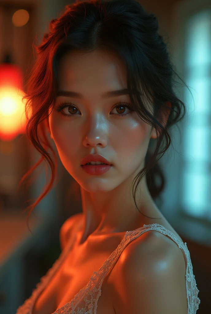 a beautiful woman with pale skin, thin, brown hair, high cheekbones, honey-colored eyes, full lips, realistic t-shirt design, detailed portrait, photorealistic, masterpiece, 8k, ultra-detailed, (realistic:1.37), (photorealistic:1.37), cinematic lighting, dramatic shadows, vivid colors, intricate fashion design, elegant pose, alluring expression, delicate features