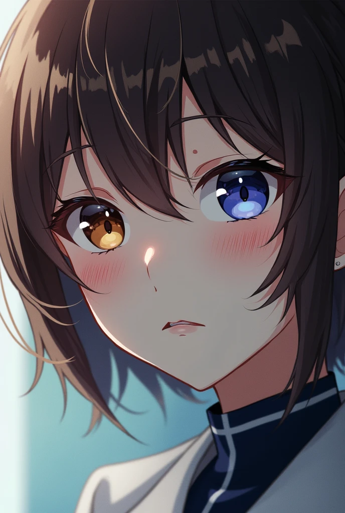 A girl from Boku no Hero Academia with white skin, short brown hair and blue locks, just like one of her eyes is blue and the other brown with scars.