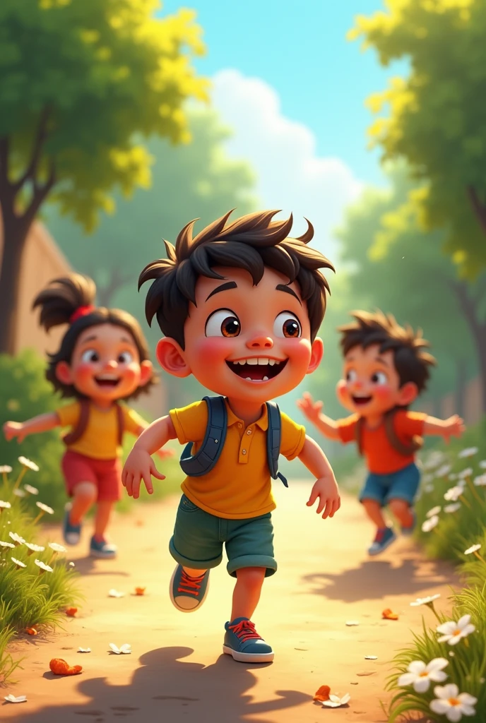 Description: Thomas reflecting while playing with his friends, with an expression of happiness and satisfaction on his face.
Visual Elements: Tomás playing and laughing with his friends, with a bright and cheerful background that reflects your new mood.