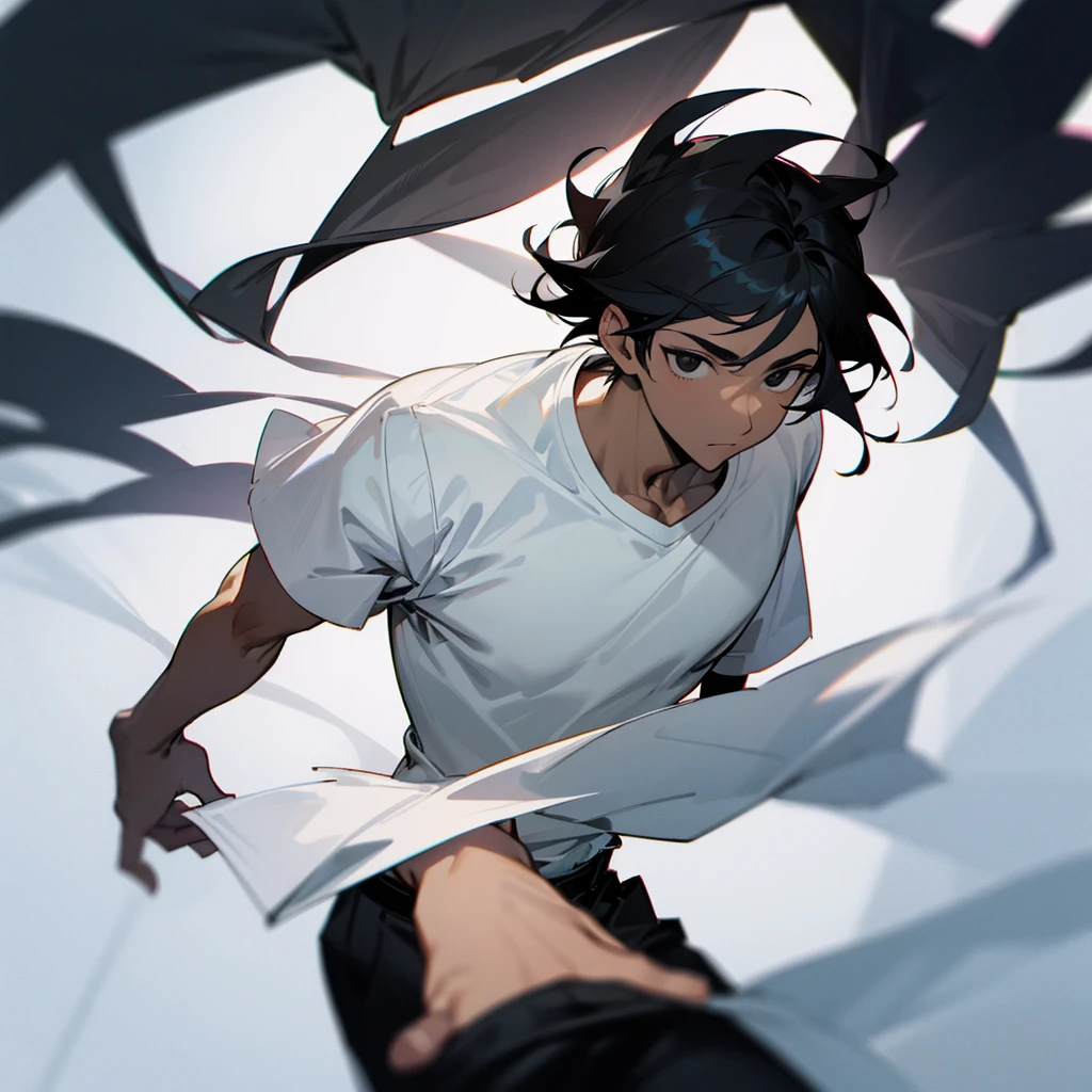 A black man black hair black eyes white shirt black pants