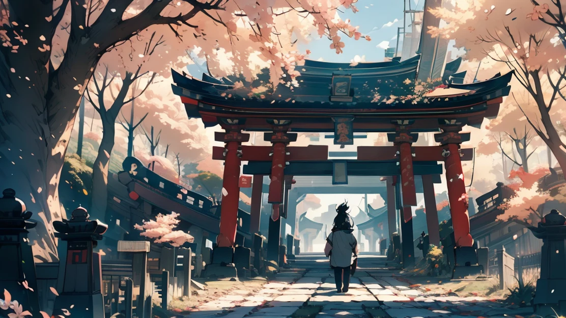 landscape，Big scene，Ultra-wide lens，Japanese style，Long tram，There are beautiful cherry blossoms on both sides\(Cherry blossoms gradually fall)，There are two figures in the distance\(a boy，A girl)，Wind blowing through the grass，绝美landscape，Japanese style，Detail control，Professional perspective，masterpiece，（Very detailed wallpaper），（best quality）