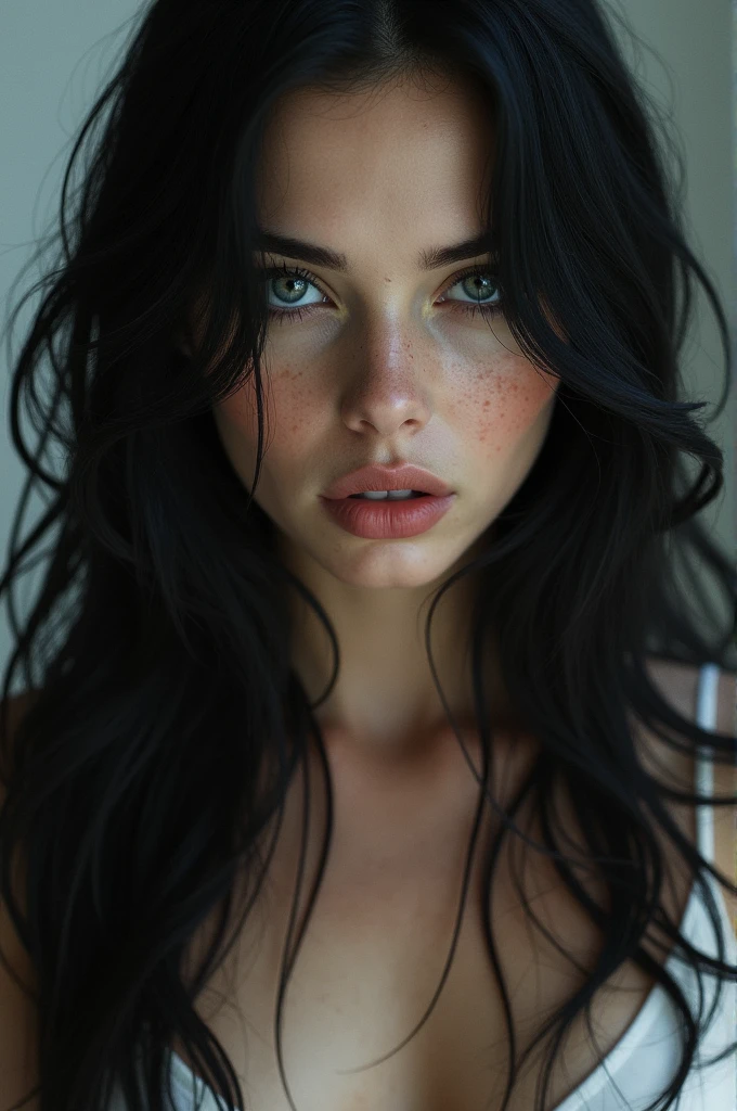 black hair woman, inconspicuous freckles, blue eyes tending to black, killer look, white teas, thick lips 