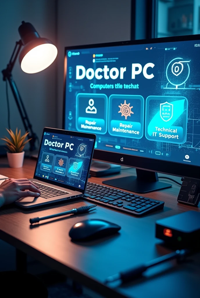 A banner showing a modern work desk with an open computer, repair tools (as destornilladores y cables), and a technological background. Title "Doctor PC" should be highlighted with a short slogan, as "Fast and Efficient IT Solutions". Icons representing different services can also be included., as reparación, maintenance and technical support.