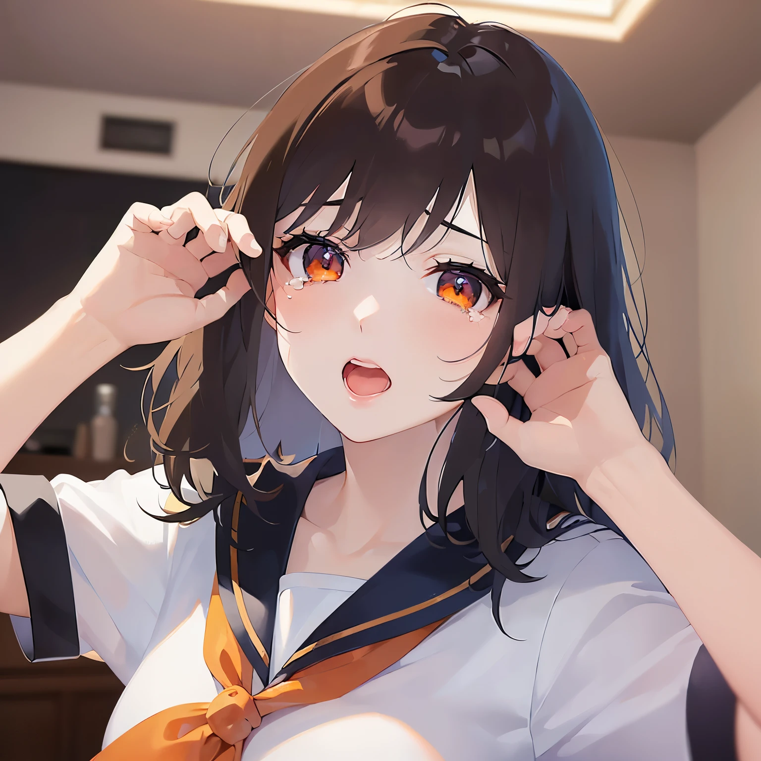 (looking at viewer:1.5)Upper Body, (wiping tears:1.2),Hands on cheeks、
Realistic, real person, (pale skin: 1.2), RAW photo, photorealistic, shiny skin, shiny hair、
(A 25-year-old woman with medium-length hair and bangs) and (wavy hair) and (brown hair) and (orange eyes),
Sailor suit、
open mouth,The background is the living room、(alone:1.5)