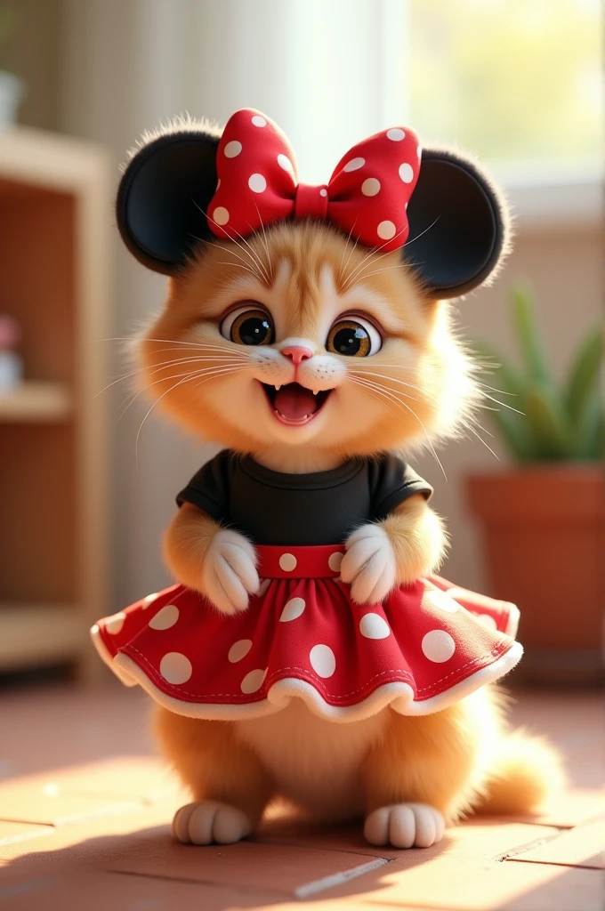 A cute cat wearing a Minnie Mouse  costume, standing up