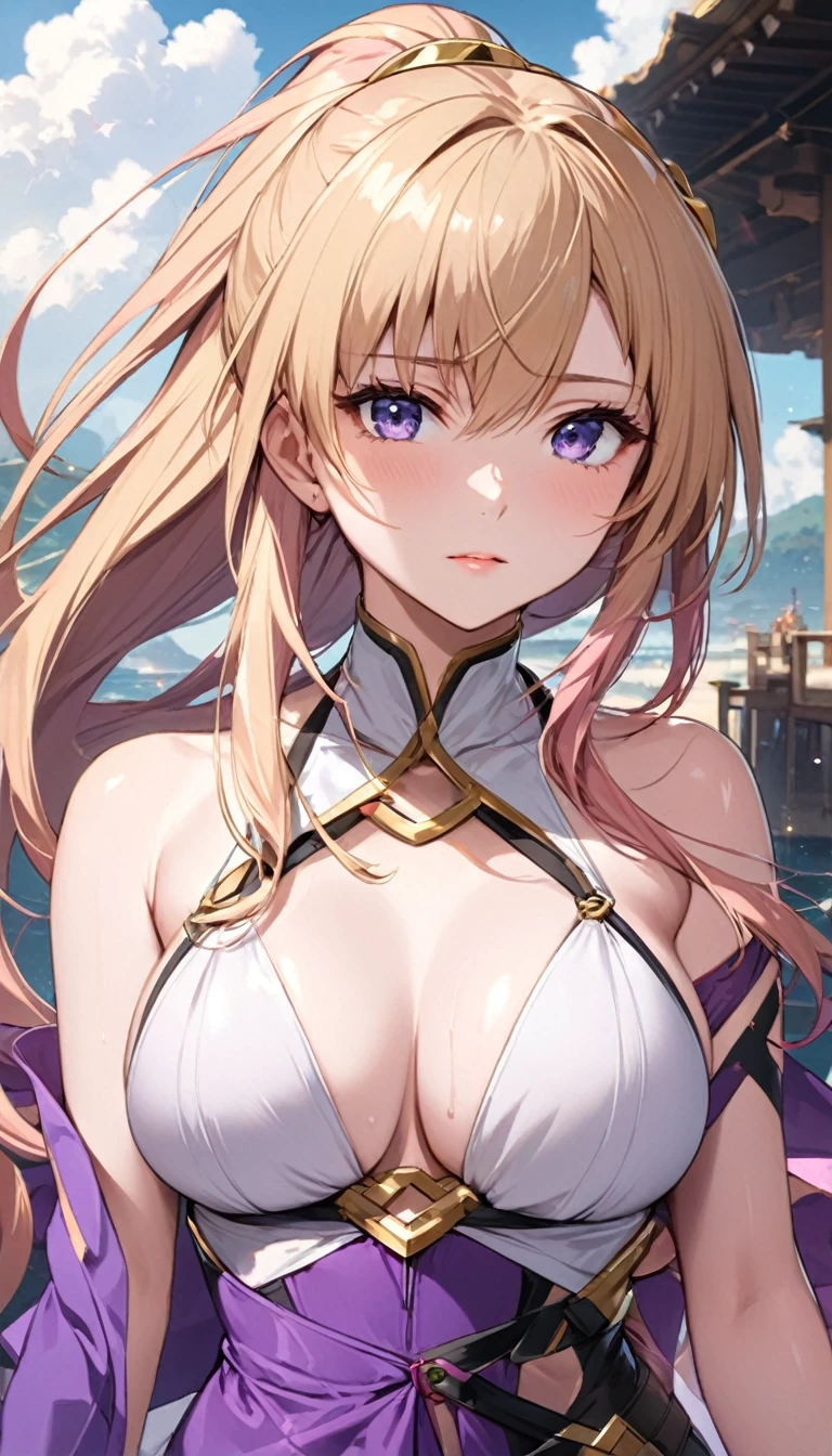 ((Highest quality)), ((masterpiece)), (detailed), （Perfect Face）、That woman is Lacus Clyne, Gold hair fastening,I&#39;m just an ordinary Chinese woman with blue eyes., Pink Hair, Long Hair, ponytail,.