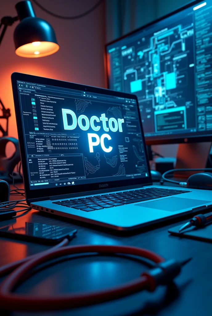 A banner showing a modern work desk with an open computer, repair tools (as destornilladores y cables), and a technological background. Title "Doctor PC" should be highlighted with a short slogan, as "Fast and Efficient IT Solutions". Icons representing different services can also be included., as reparación, maintenance and technical support.