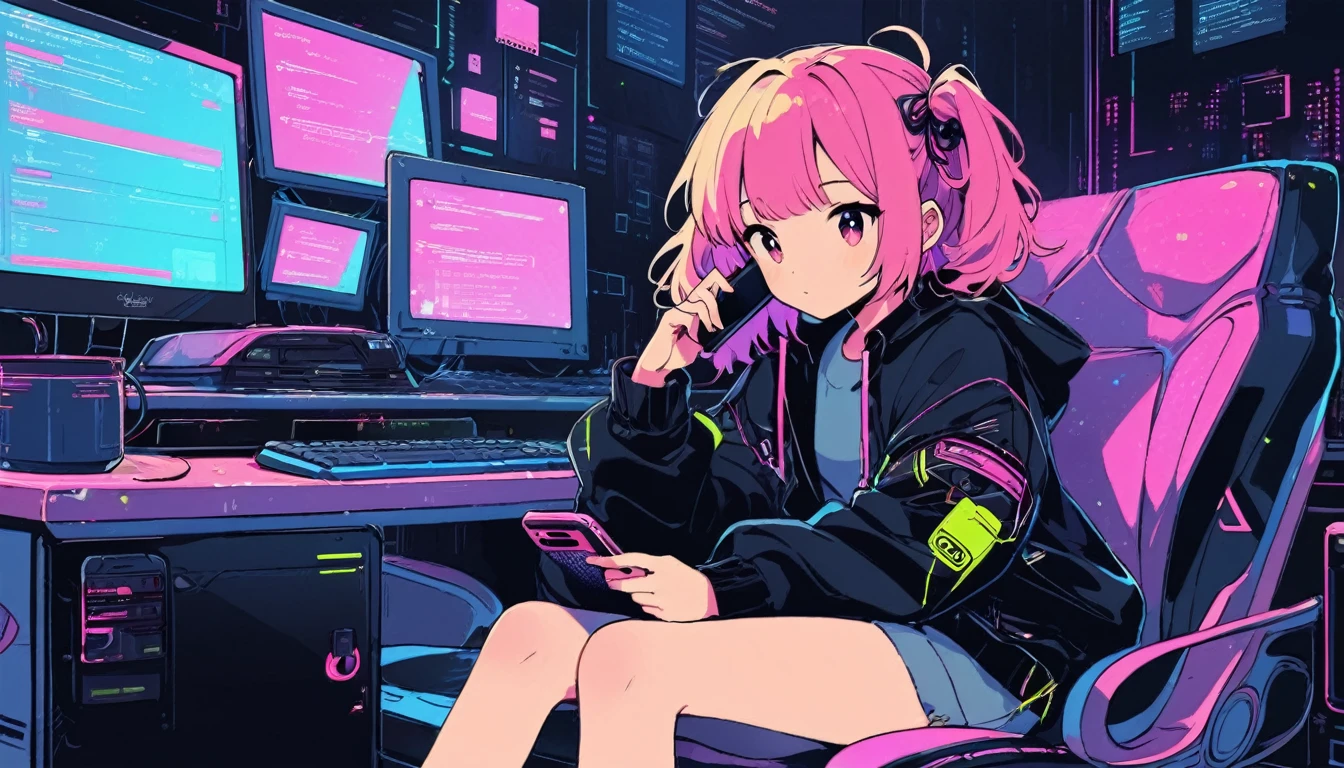 anime girl sitting at a desk with a phone and computer, gamer aesthetic, computer aesthetic, lofi artstyle, lofi girl, digital anime illustration, cyber aesthetic, anime vibes, cyberpunk vibes, cyberpunk setting, cyberpunk vibe, cyber school girl, digital cyberpunk - anime art, cyberpunk art style, lo-fi illustration style, 2d illustration, 2 d illustration