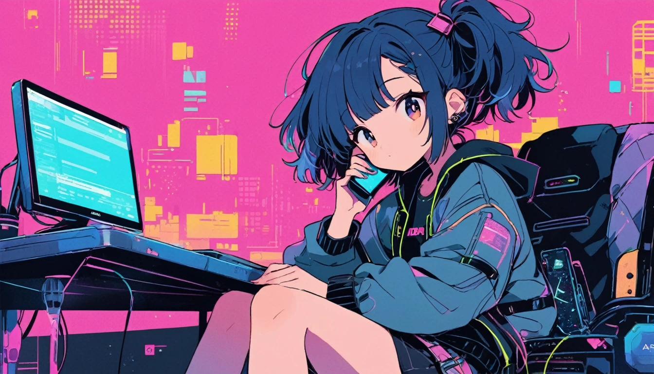 anime girl sitting at a desk with a phone and computer, gamer aesthetic, computer aesthetic, lofi artstyle, lofi girl, digital anime illustration, cyber aesthetic, anime vibes, cyberpunk vibes, cyberpunk setting, cyberpunk vibe, cyber school girl, digital cyberpunk - anime art, cyberpunk art style, lo-fi illustration style, 2d illustration, 2 d illustration