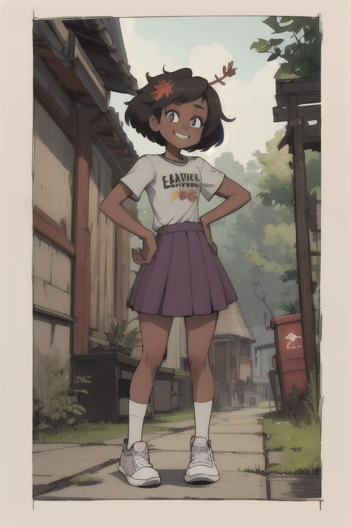 anne, 1girl, short hair, dark-skinned female, leaf on head, grey shirt, skirt, one shoe, single_sock, looking at viewer, smile,