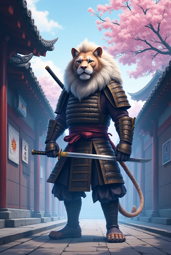 Samurai lion in a Japanese dojo, Modern Art, hand-drawn, gray, blue and white colors, lion warrior, traditional japanese architecture, cherry blossom tree, Intricate samurai armor, katana sword, focused expression, with big head, dynamic pose, detailed line, soft pastel shades of blue, and lavender, artistic interpretation, art station. With the Argentine flag on the dojo wall and a very large sign that says ViP.
