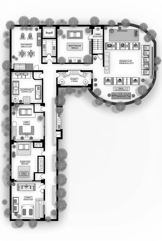 Black and white 2d floor plan of a beach hotel showing the reception area first, The restaurant space, The recreation space, The L-shaped parking lot One part in front and the rest alongside, guest rooms, A SPA room, An area for people with disabilities, The pool, Connection with green areas, That can be like an open space