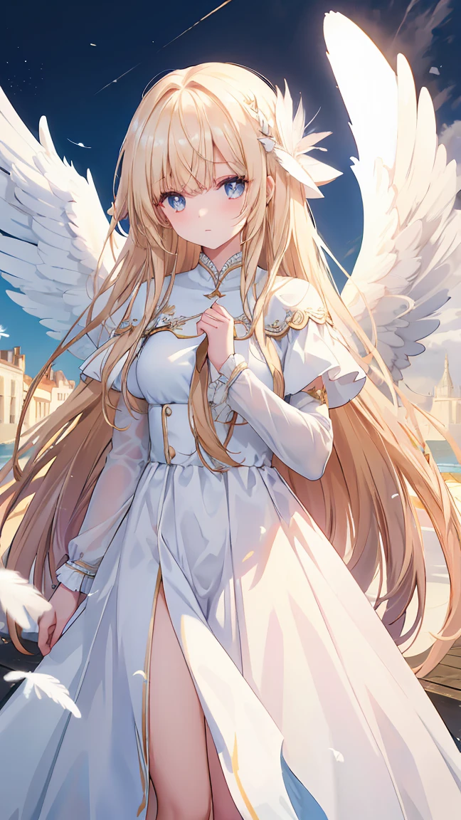 long hair, straight hair, bangs, perfect eyes, soft light, high quality, 4k resolution, ((angel)), ((An angel with wings on her back)), an angel descending from the sky, feathers scattered in the background, light shining, at Cathedral, swan wings, swan feathers