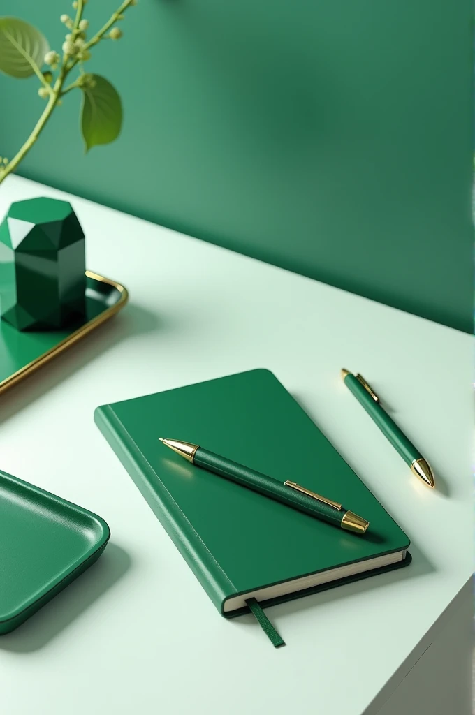 "Create an image of a sleek emerald green notebook with a gold pen placed diagonally on its cover. The notebook rests on a clean white desk with minimalistic emerald green accessories, such as a small tray and a geometric paperweight. The background is a soft, gradient emerald green, adding depth and sophistication to the scene."