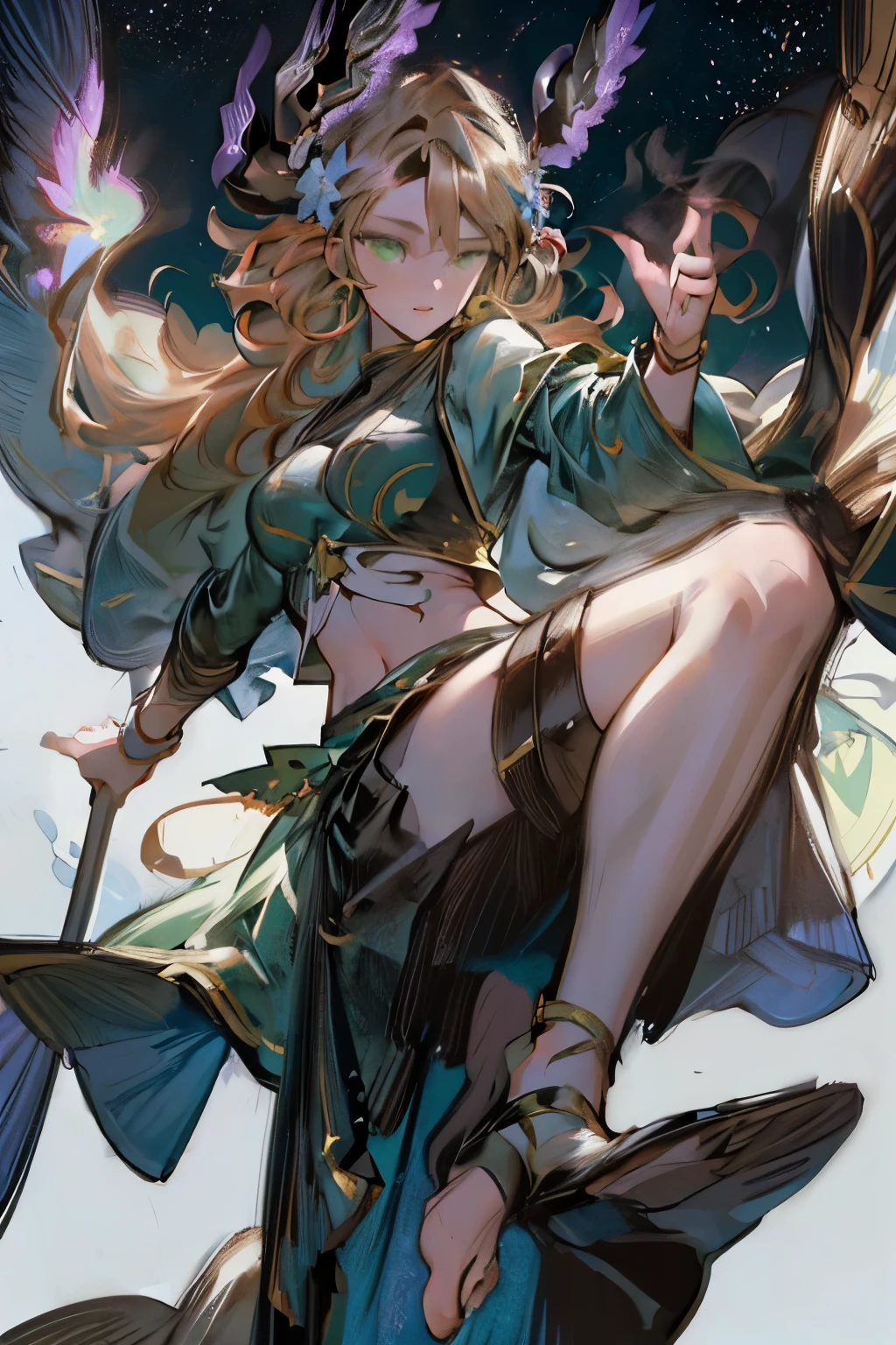 ((Twin)), girl holding bow, leap in the air, Bow shooting position, Night sky background, flash, ((Biologically correct number of limbs))、(( Full body illustration from toes to face))、(long leg, green eyes, long hair, braid, head wings, TwinSummer, white bikini, choker, hair flower, bracelet, thigh strap)  ((高精度呈现每一个detail)Extremely accurate depiction)[high resolution],pixiv, Digital Art on Pixiv, Popular on Pixiv, In Pixiv, Top rated on Pixiv, Anime fantasy illustration, Anime Fantasy Artwork, (Detailed illustrations,Very beautiful and detailed drawing,Delicate lines and rhythm,Real texture expression),[Painted main line] (best quality:1.2, Very detailed, up-to-date, Energetic, 超high resolution, High contrast, Very detailed, masterpiece:1.2, best quality, Best aesthetics), Beautiful female breasts, (Large Breasts), Delicate skin texture, detail