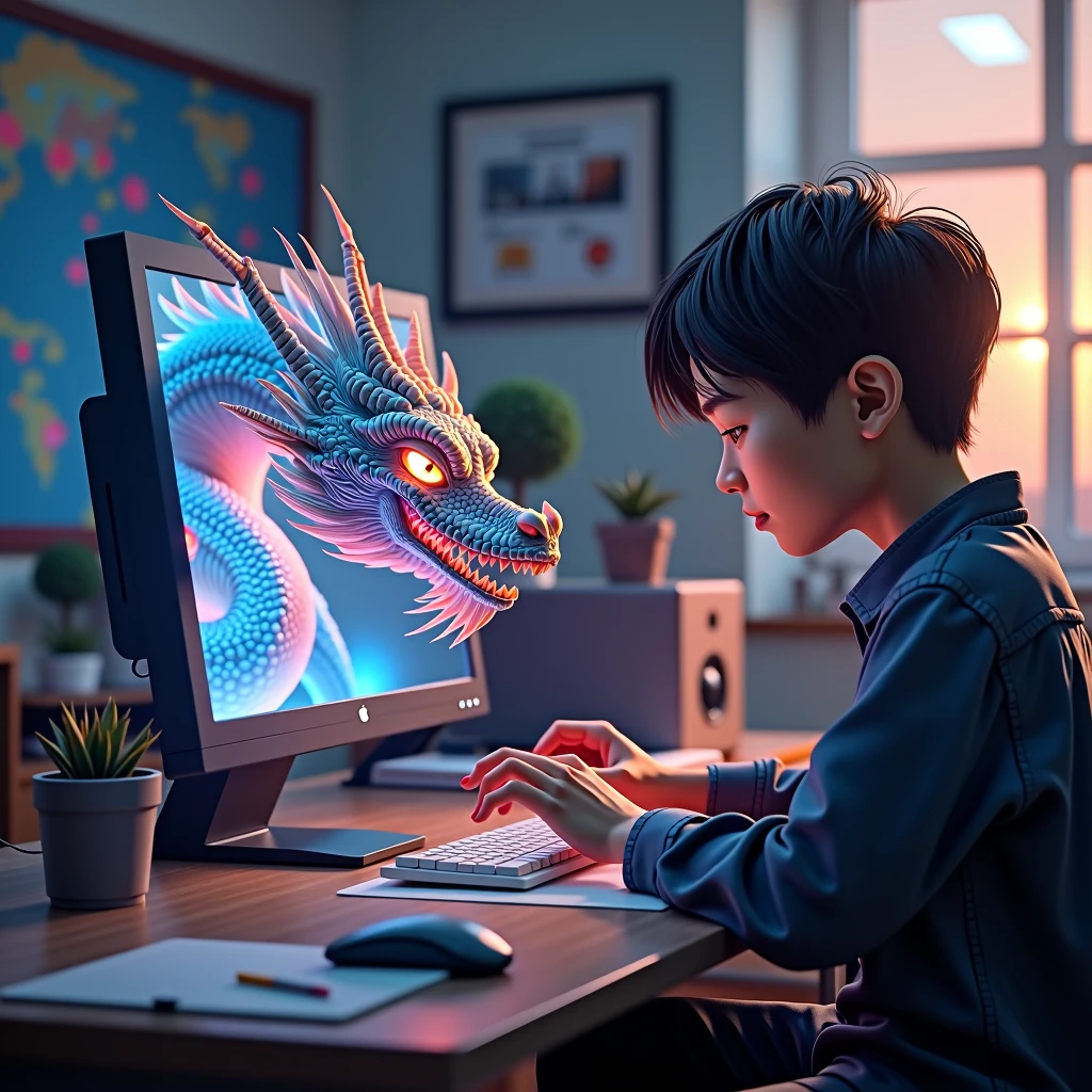 3d animator artist, academy, front of computer, Dragon go throught screen, 3d project, asian, class room background