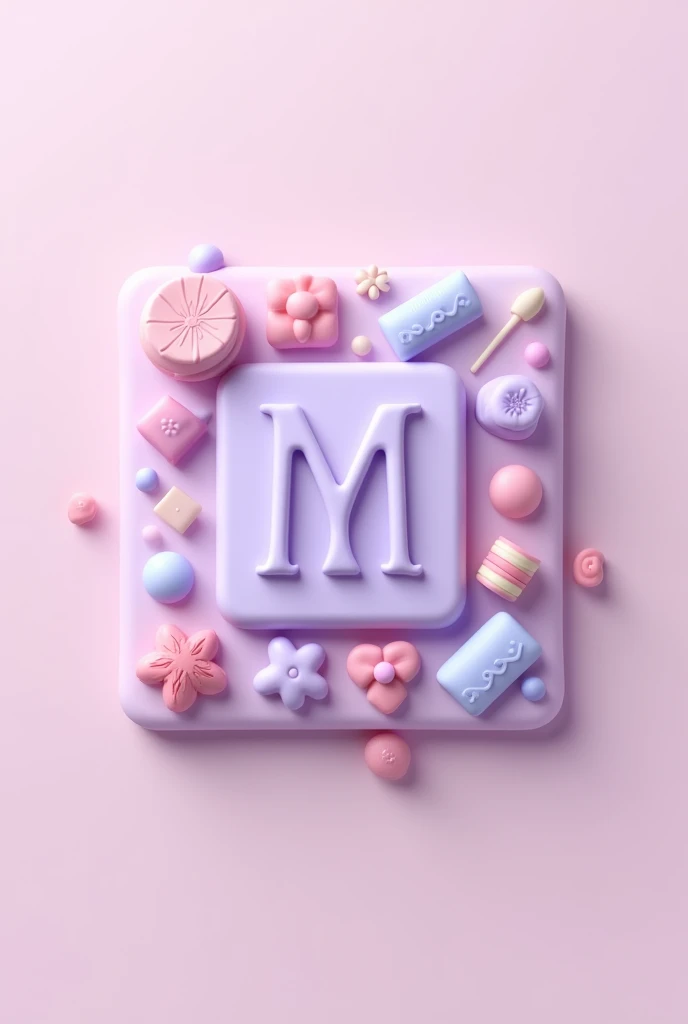 Square logo for confectionery, using pastel lilac color. with the initials "mn" in capital letters. art 3d, moderna e clean. With objects in the background that are related to confectionery.