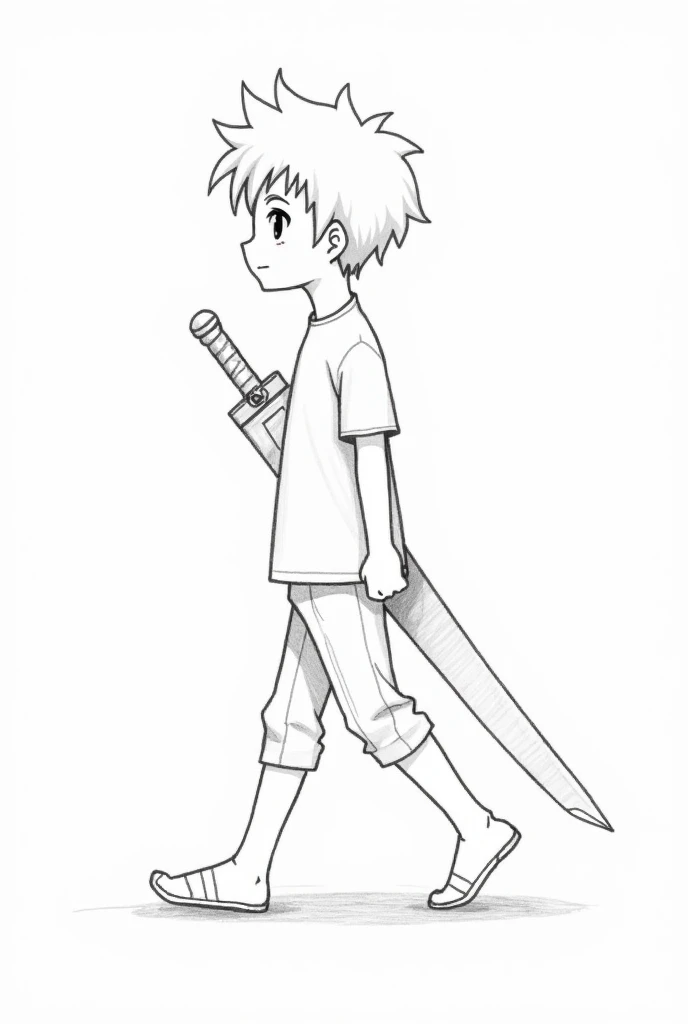 Create a pencil drawing anime style Simple  of a boy walking with a big sword in its sheath and ready to draw, white background, Little shading and sketch lines 
