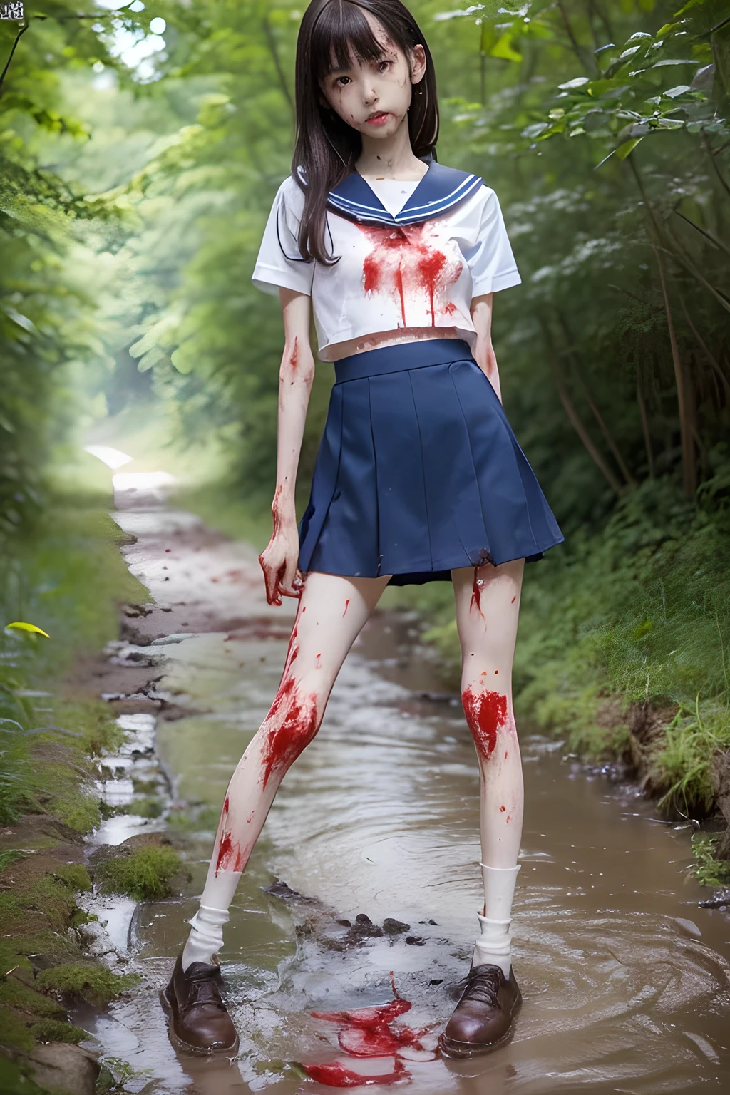 (8K、RAW Photos、highest quality、masterpiece:1.2), (Realistic、Photorealistic:1.2), (High resolution skin:1.1), Beautiful young girl,japanese, ,small breasts,(Slender girl:1.4),(Thin legs:1.5),dark blue mini skirt,sailor suit, (White socks:1.1), Short sleeve,sneakers, whole body,park,standing,(muddy),(wounds,bloody legs:1.5)