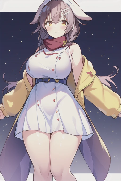 1girl, Korone, smile, dog ears, twin braids, sidelocks, hair ornament, ((white dress)), yellow jacket, dress, jacket, open clothes, open jacket, short dress, sleeveless dress, huge breasts, thick thighs, tall, tall female, mature female, bandana, scarf, hourglass figure, standing, ((bandana))