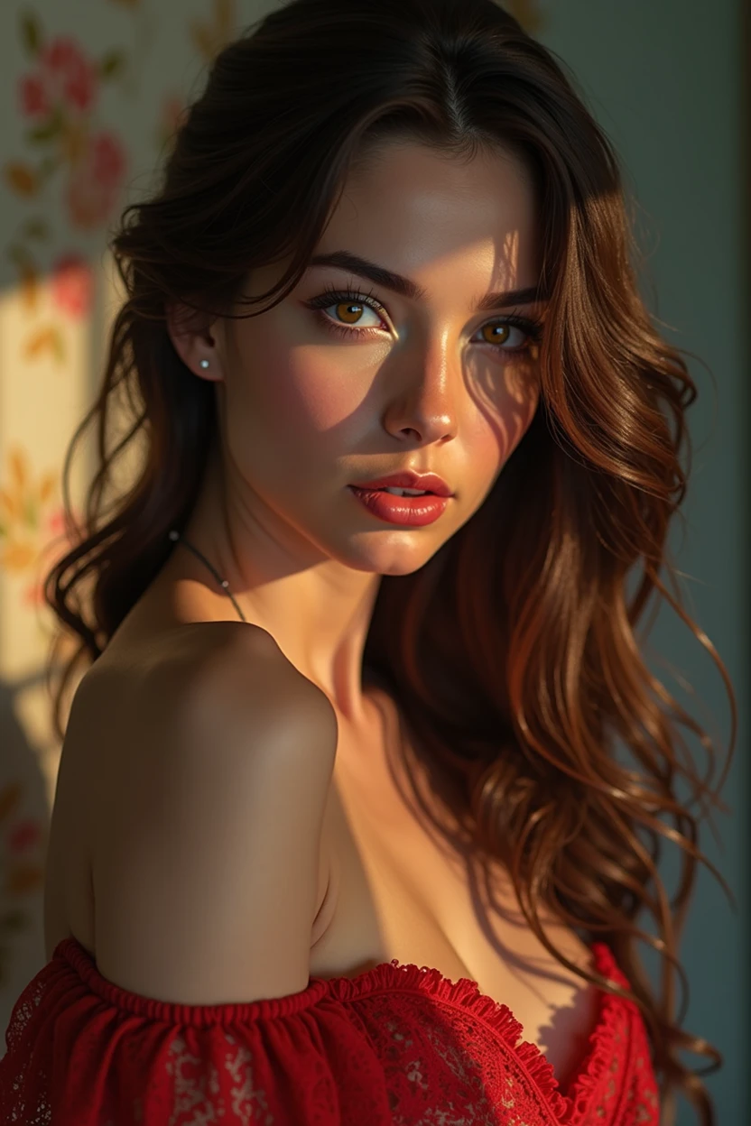 a beautiful woman with pale skin, thin, brown hair, high cheekbones, honey-colored eyes, full lips, realistic t-shirt design, detailed portrait, photorealistic, masterpiece, 8k, ultra-detailed, (realistic:1.37), (photorealistic:1.37), cinematic lighting, dramatic shadows, vivid colors, intricate fashion design, elegant pose, alluring expression, delicate features