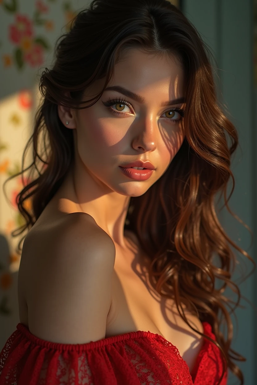 a beautiful woman with pale skin, thin, brown hair, high cheekbones, honey-colored eyes, full lips, realistic t-shirt design, detailed portrait, photorealistic, masterpiece, 8k, ultra-detailed, (realistic:1.37), (photorealistic:1.37), cinematic lighting, dramatic shadows, vivid colors, intricate fashion design, elegant pose, alluring expression, delicate features