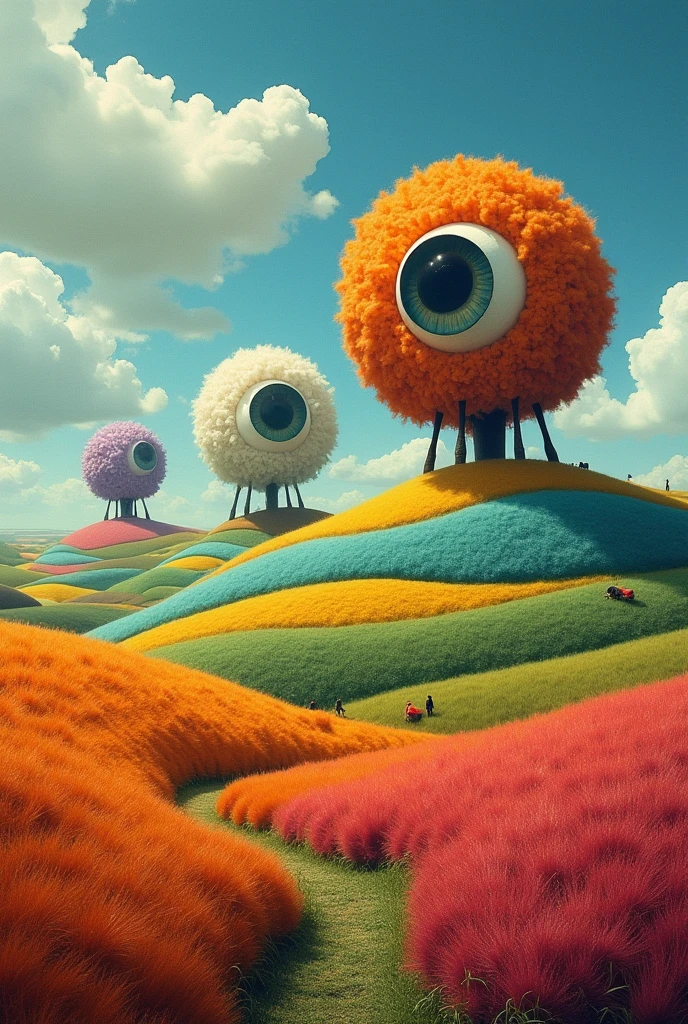 HDR 8k Photograph, surreal pastoral landscape with giant eye-like structures emerging from woolly, colorful hill-creatures. Include undulating fields in vibrant colors, forming a patchwork below. The sky should feature cloud formations resembling abstract animal shapes. Populate the scene with small, dark figures that appear to be tending to the landscape. Use a painterly style with rich, saturated colors and a dreamlike atmosphere.