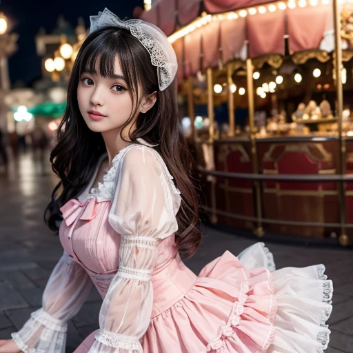 Side shot, Naruko, 41 year old woman, Bow at the back of the waist, Skirt length to calf, cupcake dress, Layered skirt with lace on each layer, Wear a LOLITA dress, layered dress, Pink lolita skirt, lots of lace, Long sleeve, Wide sleeves, Big skirt, layered lace skirt, Puff sleeves, Wide sleeves, Transparent sleeves, intricate details showcase the ruffles and intricate designs of the Lolita dress, Wearing a lolita dress, in the amusement park, at disneyland, The background is a carousel, best quality, Delicate face，beautiful visual work, lifelike, eternity, black hair, Long curly hair, blunt bangs, Smile, Detailed Background, Delicate face，blush，cold，((masterpiece))、(top quality)、8k、high detail、Super detailed，41-year-old female， masterpiece、born、Scenes resembling fairy tale illustrations、intricate details和複雜的設計、Beautifully、magic、capricious、 Beautifully、Dream aesthetics、「𝓡𝓸𝓶𝓪𝓷𝓽𝓲𝓬、ethereal、charming、fickle、magic」、realism、Visual effects、FXAA、SSAO、Shader、voiceless、ambient lighting、Tone mapping、High resolution、Ultra high quality、Million pixels、(8K resolution:1.10)、8k、8k以下、8K resolution、high detail、intricate details， (high quality:1.2、masterpiece:1.2、:1.21)、(41-year-old female:1.21)、(興奮地Smile)、(Surrounded by a dreamy atmosphere、Model diagram，full-body shot，Normal 2 feet，Put your hands behind you，The protrusion of the breast is visible when wearing clothes, Large Breasts, H cup chest, pink clothes, Don&#39;t show your fingers, full-body shot， full-body shot，full-body shot，full-body shot，full-body shot，full-body shot，full-body shot，full-body shot，hands hidden in clothes, hands hidden in clothes,hands hidden in clothes,hands hidden in clothes,hands hidden in clothes,hands hidden in clothes,hands hidden in clothes,hands hidden in clothes,hands hidden in clothes, ,hands hidden in sleeves ,hands hidden in sleeves ,hands hidden in sleeves ,hands hidden in sleeves ,hands hidden in sleeves ,hands hidden in sleeves ,hands hidden in sleeves ,hands hidden in sleeves, arms behind back, arms behind back,