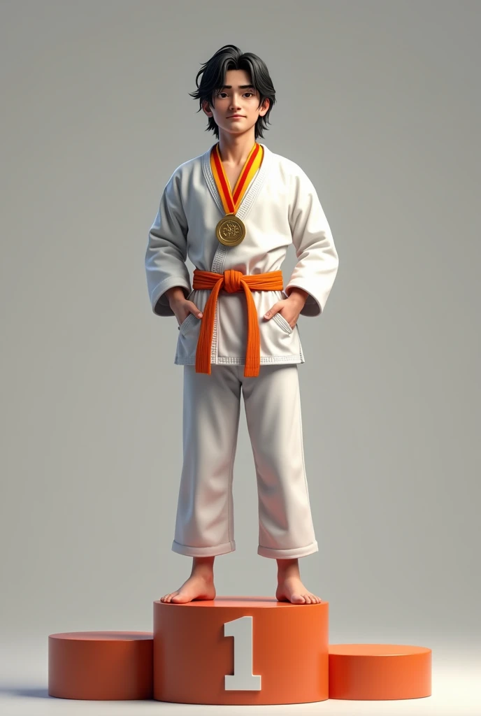 Young white man with slightly long black hair on podium, with first place medal in karate, orange belt