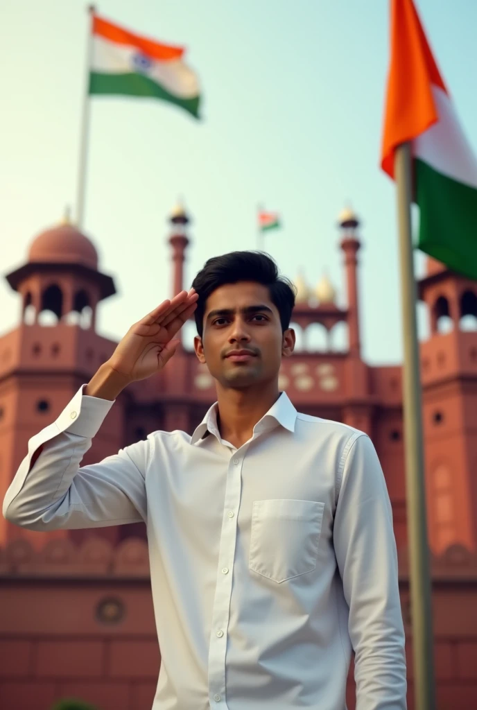 Independent day in indian flag with a boy 18 year old indian flag selute and white shirt with name ''Amit" in background indian lalkila