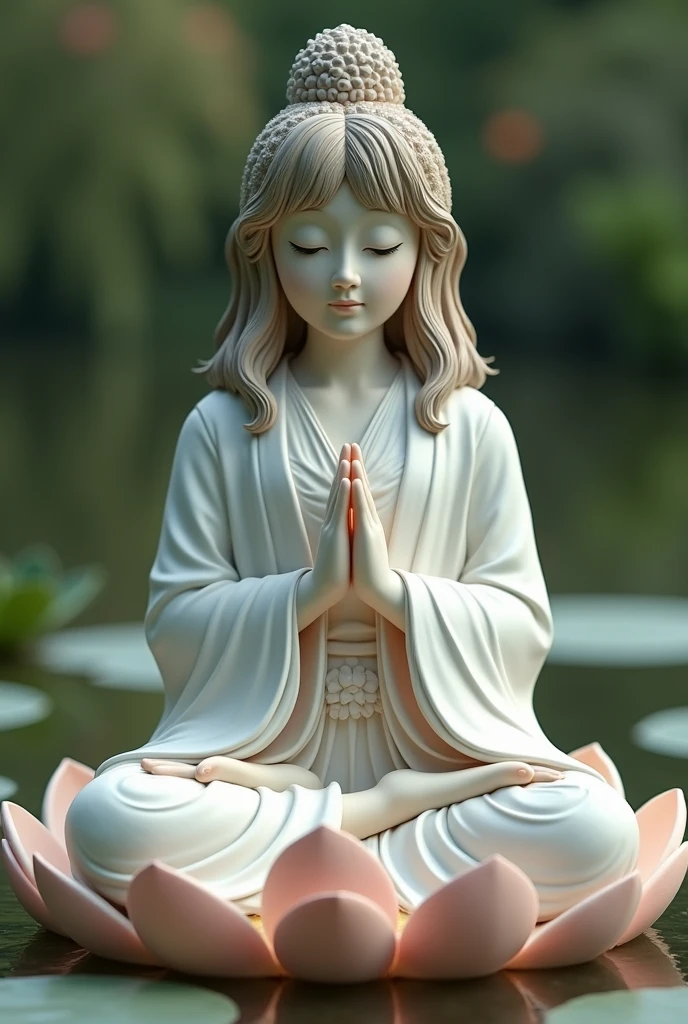 Japanese girl, 18 age old, (light brown hair, middle hair , fringe brown eyes, beautiful lip, little smile), The four sufferings that humans experience in this world, The suffering that is born, The pain of growing old, The suffering of illness, The agony of dying, A statue of a bodhisattva that heals the four sufferings that each human being faces, Sitting on a lotus in a pond, I have a helping hand, His face is full of mercy, ((textured skin , HI detailed skin, (foreshortening, Canon, uhd, anatomically correct, super detail, high details, highness))