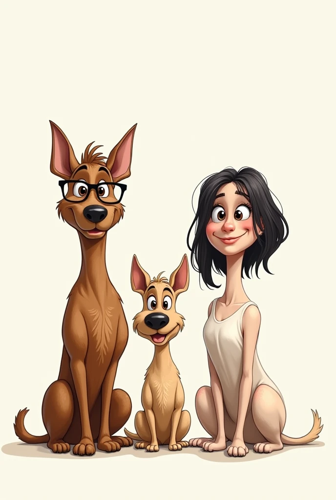 Draw three dogs as caricatures based on the following characteristics, The first is Samuel, the biggest, He is fat and has very short brown hair., wear square glasses. The second is Magda, It is the smallest, She has long hair and bangs, slightly light brown hair and the last one is Maria, The median, He has short black hair, He also has freckles. Maria is taller than Magda but shorter than Samuel. 