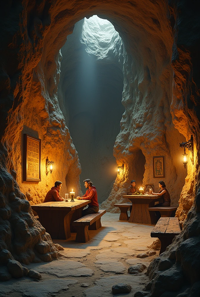 Create a pub with hieroglyph and cave painting decoration.