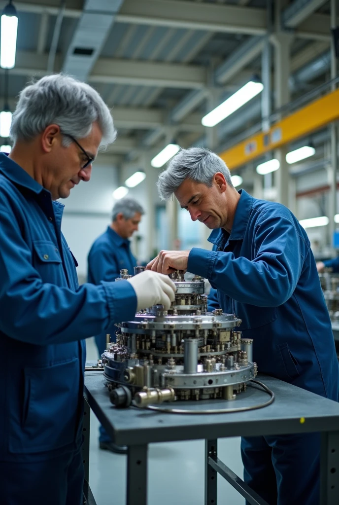 A detailed background with workers assembling and testing aerospace equipment, emphasizing skill and quality