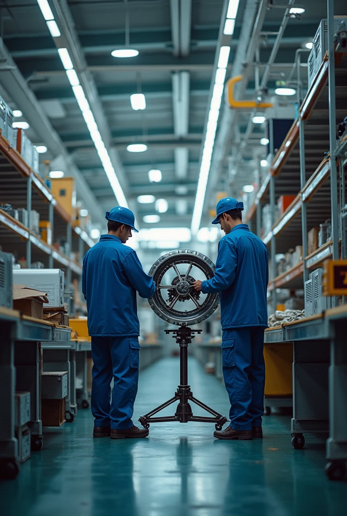 A detailed background with workers assembling and testing aerospace equipment, emphasizing skill and quality