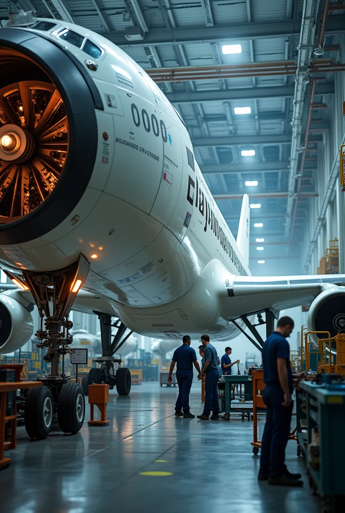 A detailed background with workers assembling and testing aerospace equipment, emphasizing skill and quality