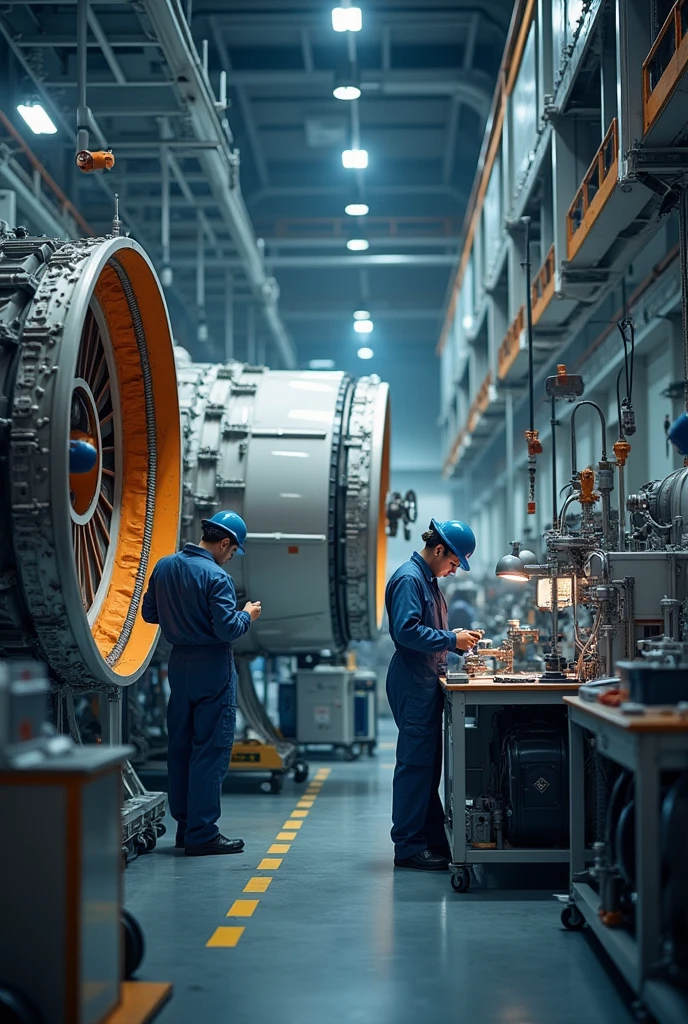 A detailed background with workers assembling and testing aerospace equipment, emphasizing skill and quality