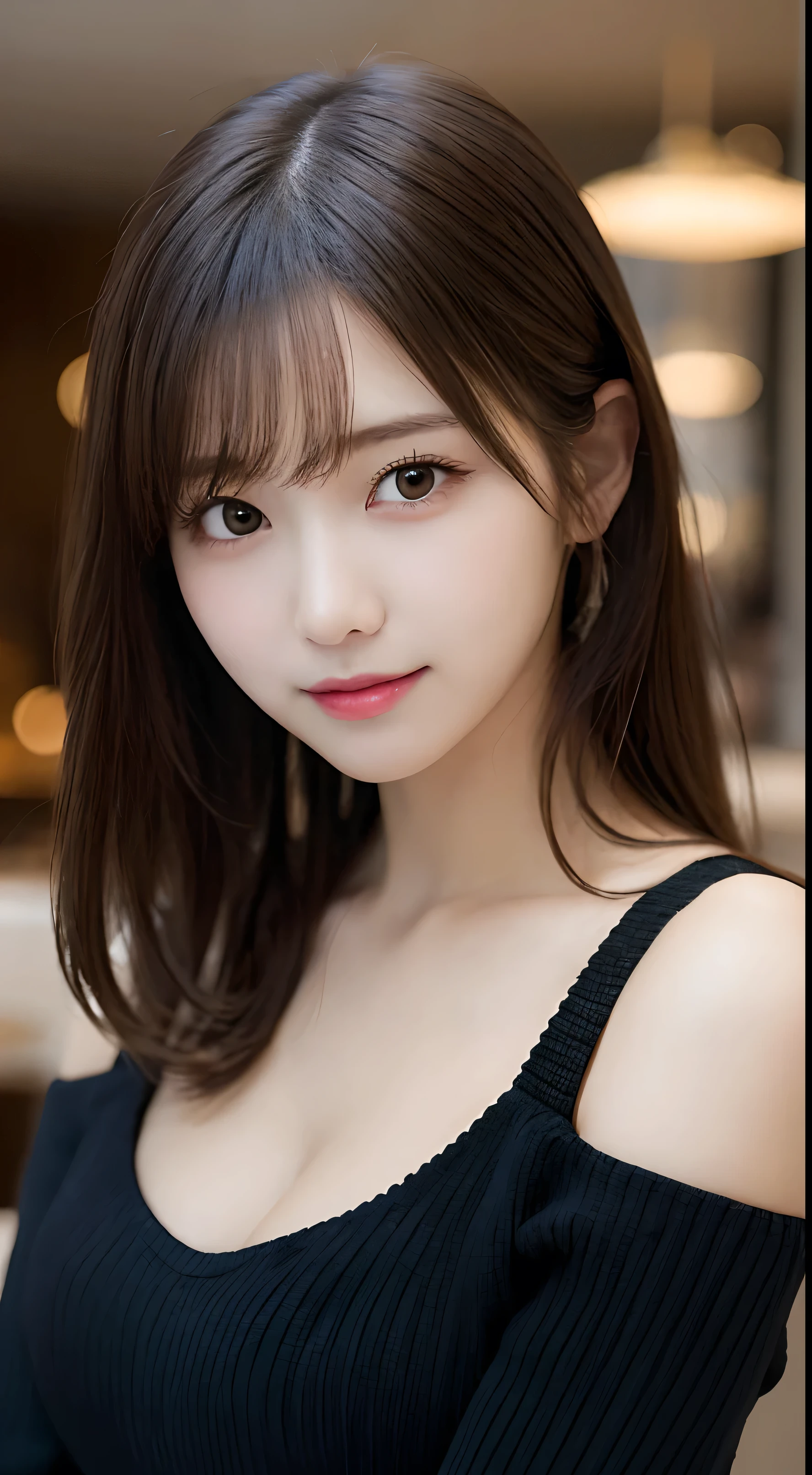 Tabletop, Highest quality, figure, Very detailed, In detail, High resolution, 8k wallpaper, Perfect dynamic composition, Beautiful attention to detail, wearing a black knit dress,Small Tits,Natural color lip, Sexy pose,smile,20-year-old girl、cute、sexy shot looking at camera,Background Blur,KPOP idol faces,Shot in a fashionable café